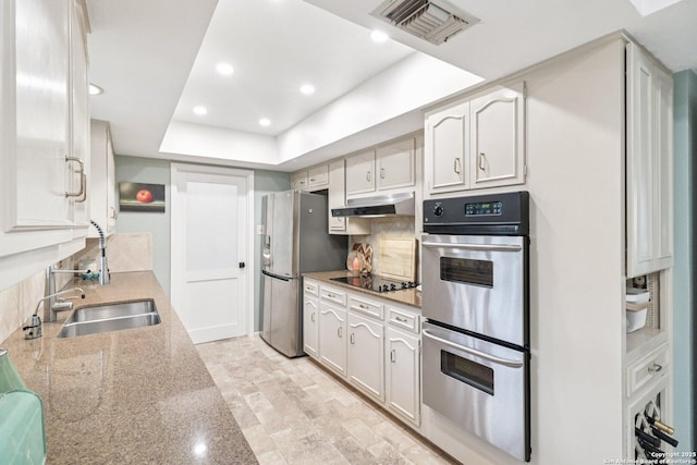 11214 Whisper Fls, San Antonio, TX 78230 - kitchen featuring appliances with stainless steel finishes, under cabinet range hood, tasteful backsplash, recessed lighting, and a raised ceiling