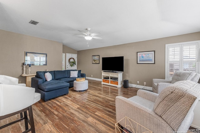 5330 Stormy Hls, San Antonio, TX 78247 - living room with wood finished floors, ceiling fan, and vaulted ceiling