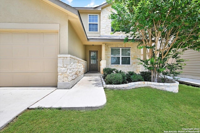 14055 Cremello Fls, San Antonio, TX 78254 - entrance to property featuring stone siding, stucco siding, a yard, and an attached garage