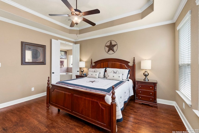 25926 Natal Plum, San Antonio, TX 78261 - bedroom featuring a raised ceiling, dark wood-style flooring, multiple windows, and crown molding