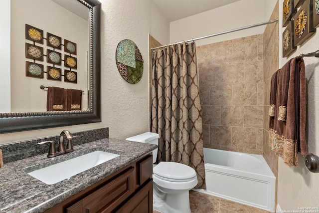 25926 Natal Plum, San Antonio, TX 78261 - full bathroom featuring a textured wall, vanity, shower / bath combo, and tile patterned floors
