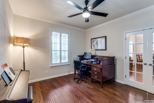 3415 Crest Noche Dr, San Antonio, TX 78261 - office space featuring french doors, wood finished floors, ornamental molding, and a ceiling fan