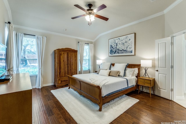 3415 Crest Noche Dr, San Antonio, TX 78261 - bedroom with vaulted ceiling, dark wood-style flooring, crown molding, multiple windows, and ceiling fan