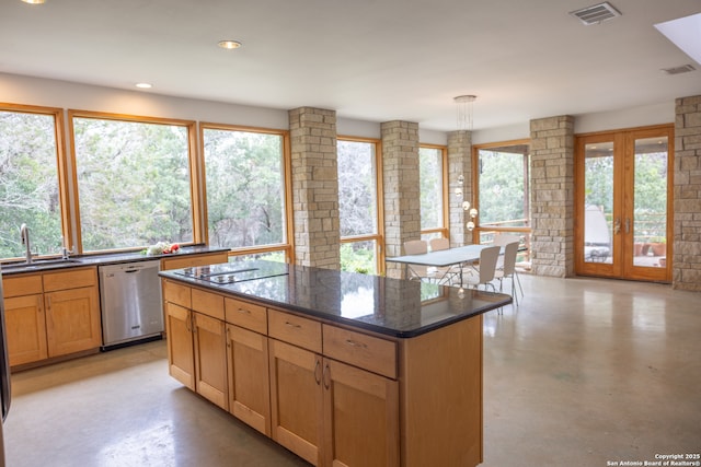 317 Saddle Mtn, Boerne, TX 78006 - kitchen featuring stainless steel dishwasher, concrete floors, a kitchen island, french doors, and recessed lighting