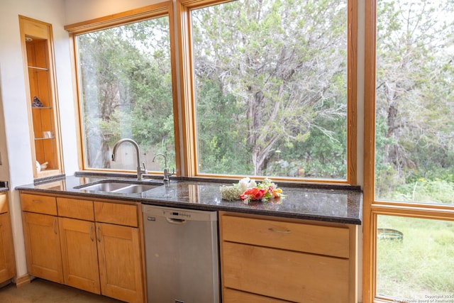 317 Saddle Mtn, Boerne, TX 78006 - kitchen featuring stainless steel dishwasher, dark stone countertops, and plenty of natural light