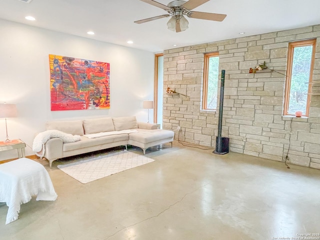 317 Saddle Mtn, Boerne, TX 78006 - living area featuring ceiling fan, finished concrete flooring, and recessed lighting