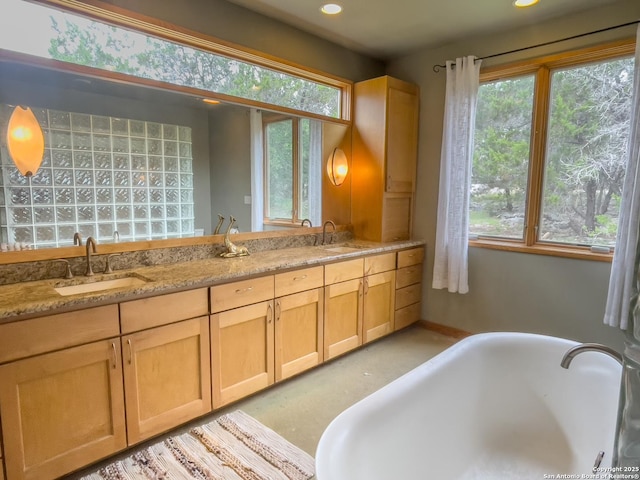 317 Saddle Mtn, Boerne, TX 78006 - full bathroom with a freestanding tub, plenty of natural light, double vanity, and recessed lighting