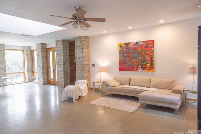 317 Saddle Mtn, Boerne, TX 78006 - living area with ceiling fan, recessed lighting, and finished concrete flooring