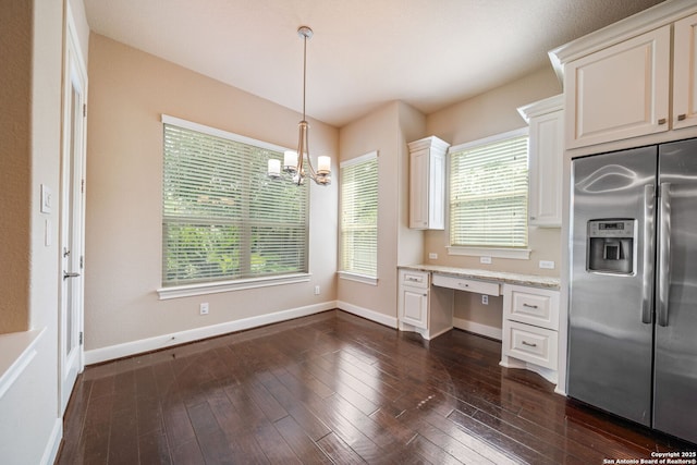 1702 Terra Alta, San Antonio, TX 78209 - kitchen with stainless steel fridge with ice dispenser, built in desk, dark wood-type flooring, and healthy amount of natural light