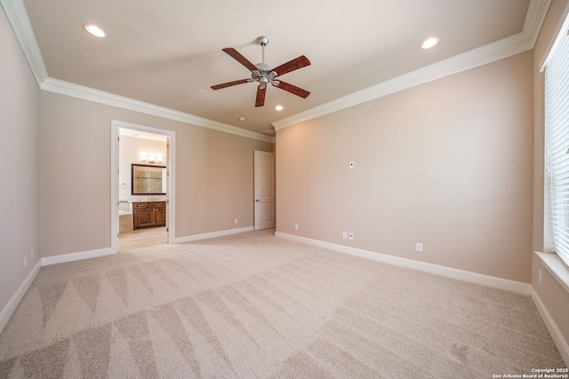 1702 Terra Alta, San Antonio, TX 78209 - unfurnished bedroom featuring light carpet, crown molding, recessed lighting, connected bathroom, and ceiling fan