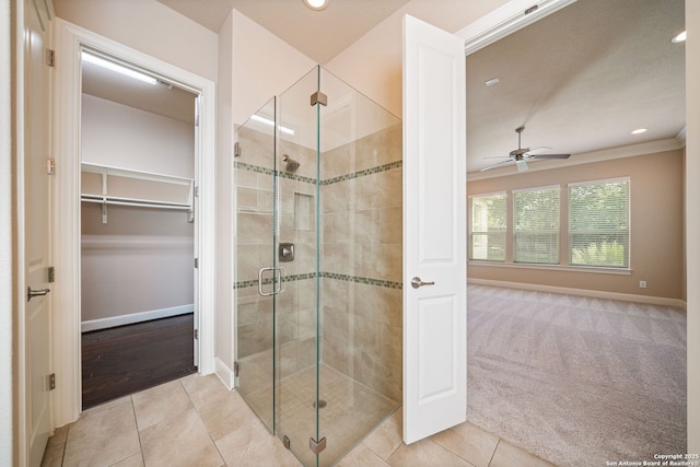 1702 Terra Alta, San Antonio, TX 78209 - full bathroom with a shower stall, ceiling fan, a walk in closet, recessed lighting, and tile patterned flooring