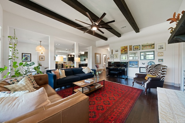 8903 Gate Pass, Boerne, TX 78015 - living room featuring beam ceiling, a ceiling fan, and hardwood / wood-style floors