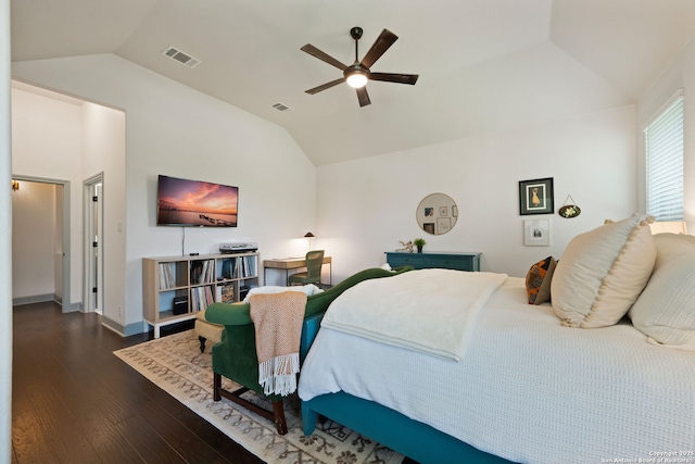 8903 Gate Pass, Boerne, TX 78015 - bedroom featuring lofted ceiling, dark wood-style floors, and a ceiling fan