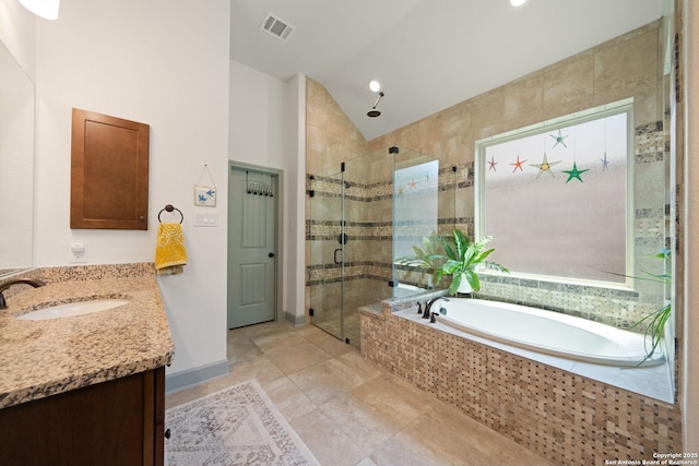 8903 Gate Pass, Boerne, TX 78015 - full bathroom featuring a shower stall, vanity, a garden tub, lofted ceiling, and tile patterned flooring