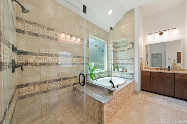 8903 Gate Pass, Boerne, TX 78015 - full bathroom with a garden tub, vanity, a stall shower, tile patterned flooring, and recessed lighting