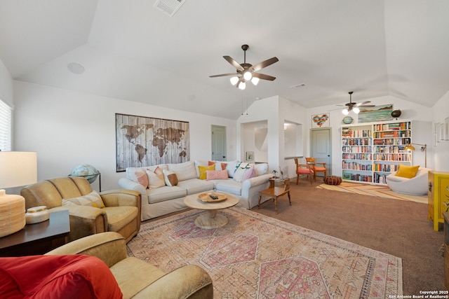 8903 Gate Pass, Boerne, TX 78015 - carpeted living room featuring lofted ceiling and ceiling fan