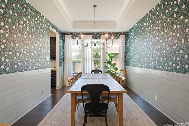 8903 Gate Pass, Boerne, TX 78015 - dining area with wallpapered walls, a chandelier, wainscoting, dark wood-style flooring, and ornamental molding