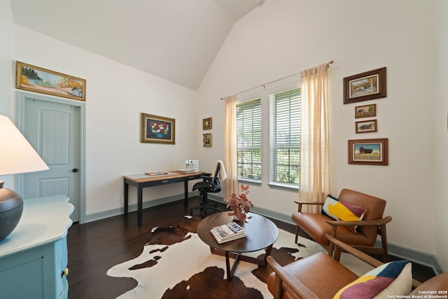 8903 Gate Pass, Boerne, TX 78015 - living area featuring dark wood-style floors, a desk, and high vaulted ceiling