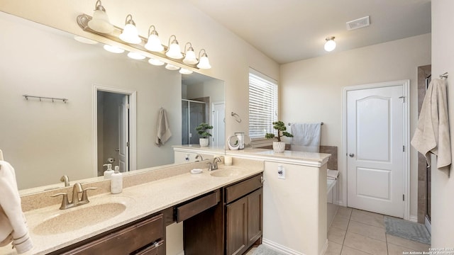 24514 Bliss Cyn, San Antonio, TX 78260 - bathroom featuring a shower stall, double vanity, tile patterned flooring, and a bath