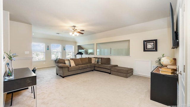 24514 Bliss Cyn, San Antonio, TX 78260 - living room featuring light carpet and ceiling fan