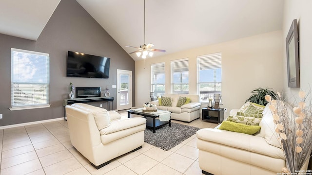 24514 Bliss Cyn, San Antonio, TX 78260 - living area with light tile patterned floors, high vaulted ceiling, healthy amount of natural light, and ceiling fan