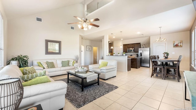 24514 Bliss Cyn, San Antonio, TX 78260 - living area featuring light tile patterned floors, a ceiling fan, and high vaulted ceiling