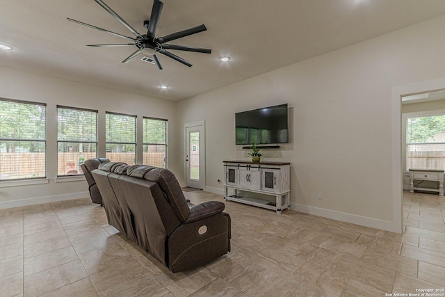 114 Mokukua Ln, Bastrop, TX 78602 - living room featuring ceiling fan and recessed lighting