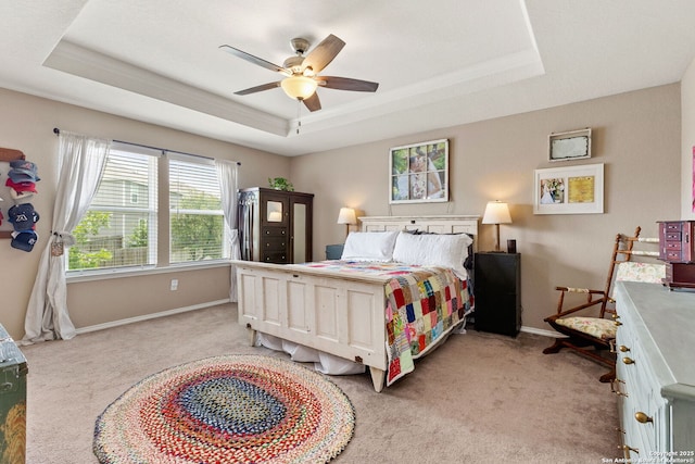 27306 Pollock, San Antonio, TX 78260 - bedroom with a tray ceiling, light colored carpet, and a ceiling fan