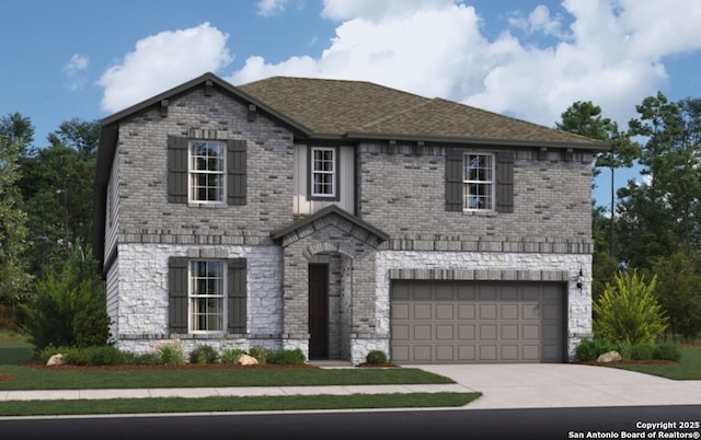 14426 Daphne Bnd, San Antonio, TX 78253 - view of front facade featuring an attached garage, concrete driveway, brick siding, and stone siding