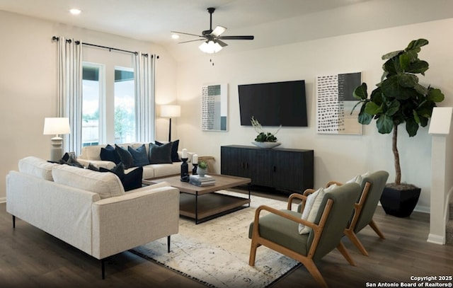 14426 Daphne Bnd, San Antonio, TX 78253 - living room featuring wood finished floors, a ceiling fan, and recessed lighting
