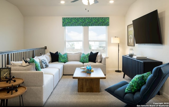 14426 Daphne Bnd, San Antonio, TX 78253 - living room featuring ceiling fan, light colored carpet, recessed lighting, and lofted ceiling