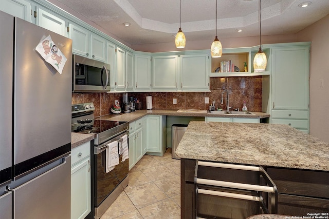 402 Hermine Blvd, San Antonio, TX 78212 - kitchen with stainless steel appliances, backsplash, beverage cooler, open shelves, and recessed lighting