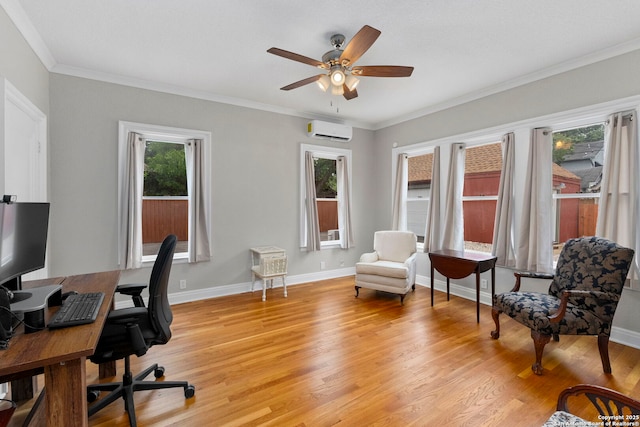 138 E Lullwood Ave, San Antonio, TX 78212 - home office with a wall unit AC, light wood-style floors, a ceiling fan, and ornamental molding