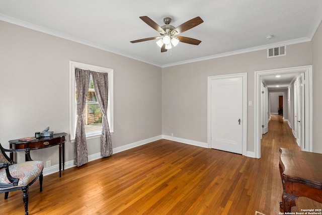 138 E Lullwood Ave, San Antonio, TX 78212 - bedroom with crown molding, wood-type flooring, and a ceiling fan