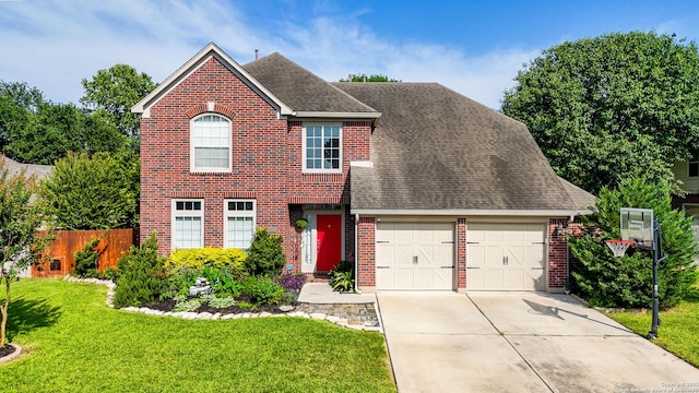 1739 Oak Gln, New Braunfels, TX 78132 - view of front of house with brick siding, a garage, a shingled roof, and driveway