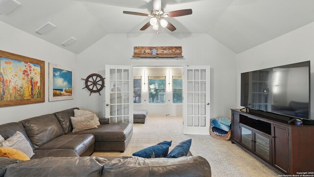 1739 Oak Gln, New Braunfels, TX 78132 - living area featuring french doors, light colored carpet, lofted ceiling, and a ceiling fan