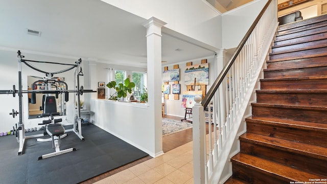 1739 Oak Gln, New Braunfels, TX 78132 - exercise room featuring decorative columns and ornamental molding
