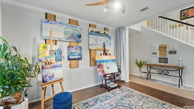 1739 Oak Gln, New Braunfels, TX 78132 - living area featuring ceiling fan, wood finished floors, ornamental molding, stairs, and ornate columns