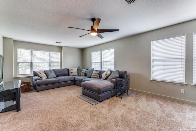 108 Brown Hawk, Boerne, TX 78006 - living room featuring light colored carpet, ceiling fan, healthy amount of natural light, and a textured ceiling