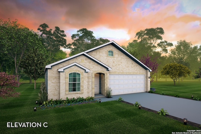 11619 Cowper Horn, San Antonio, TX 78245 - view of front facade featuring concrete driveway, brick siding, an attached garage, and a lawn