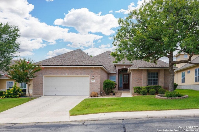 24831 Cloudy Crk, San Antonio, TX 78255 - single story home with a garage, concrete driveway, a front yard, brick siding, and roof with shingles