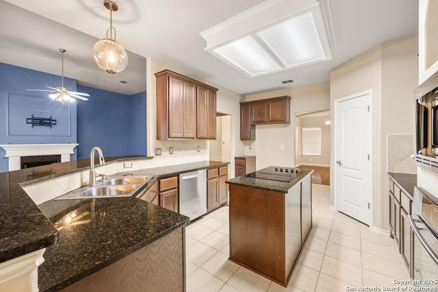 24831 Cloudy Crk, San Antonio, TX 78255 - kitchen with dishwasher, a fireplace, a ceiling fan, black electric cooktop, and light tile patterned flooring