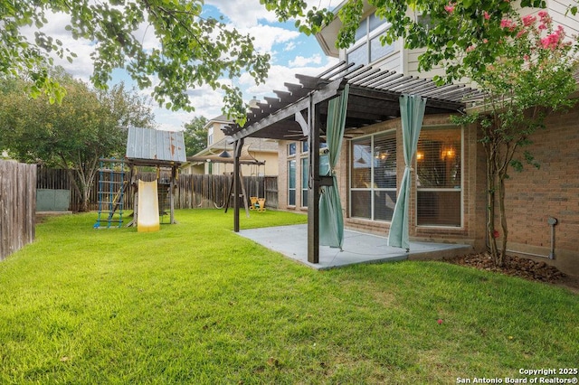 24831 Cloudy Crk, San Antonio, TX 78255 - fenced backyard featuring a playground, a pergola, and a patio