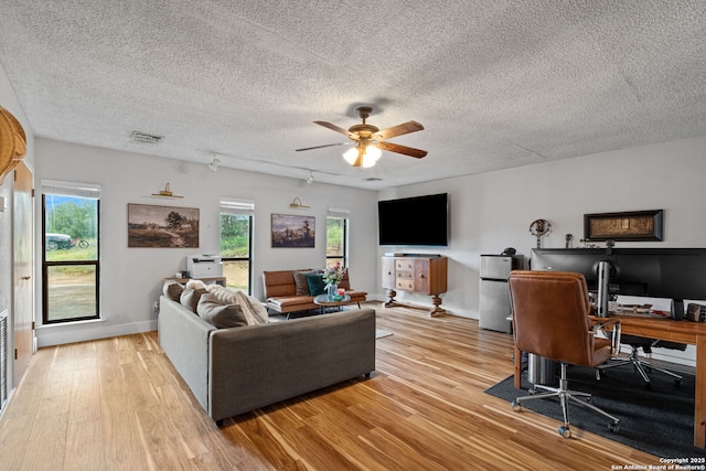 30650 Wildcat Dr, Bulverde, TX 78163 - living room featuring light wood-style floors, ceiling fan, an office area, a textured ceiling, and rail lighting