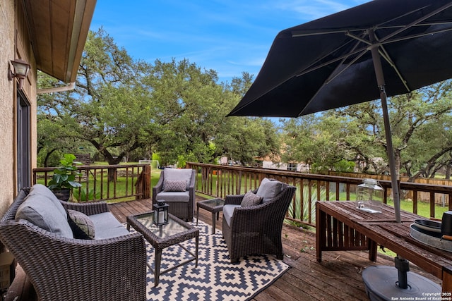 30650 Wildcat Dr, Bulverde, TX 78163 - wooden deck featuring a water view, an outdoor living space, and view of scattered trees