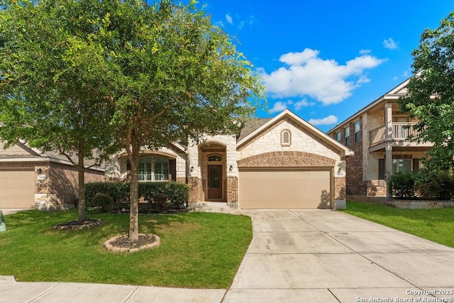 14434 Palomino, San Antonio, TX 78254 - view of front of property with a garage, a front lawn, stone siding, and driveway