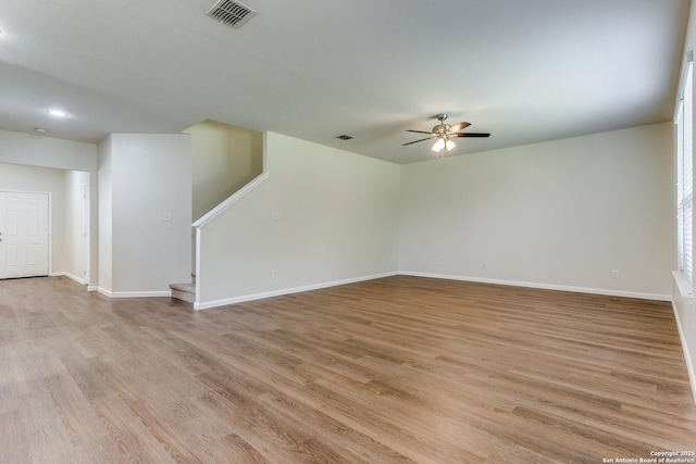 27338 Wrought Iron, San Antonio, TX 78260 - empty room featuring stairs, light wood finished floors, ceiling fan, and recessed lighting