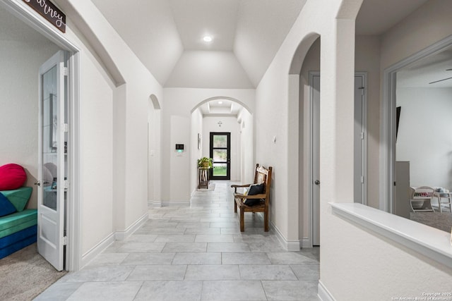 130 Boulder Crk, Boerne, TX 78006 - hall with vaulted ceiling, arched walkways, and recessed lighting