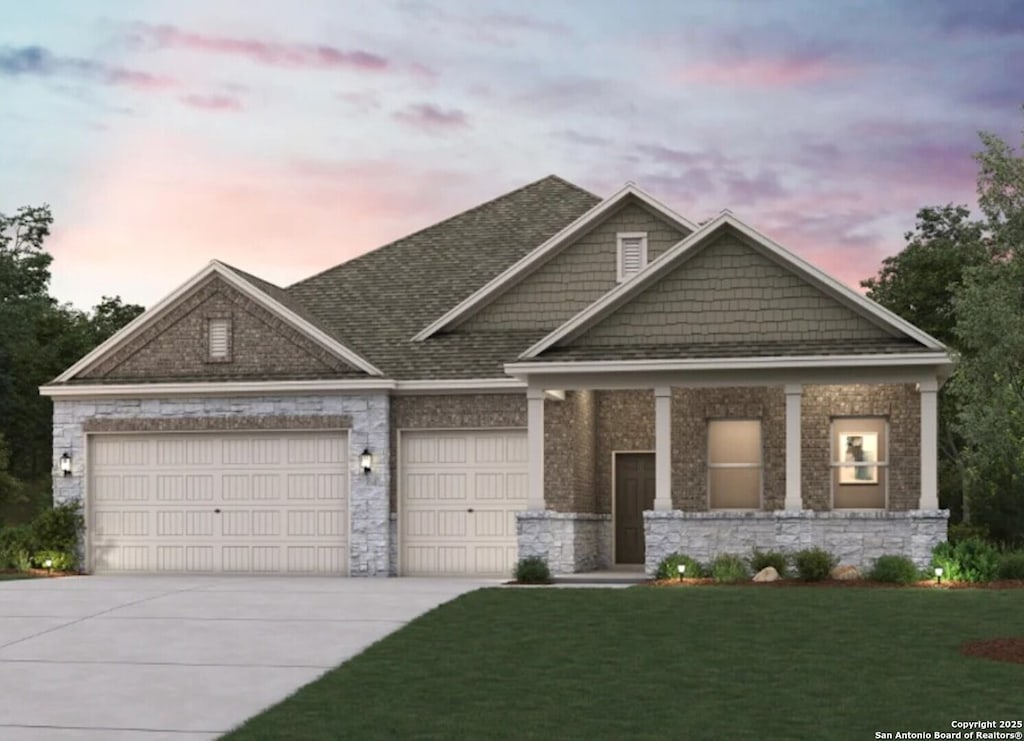 2308 Carson Cv, Schertz, TX 78108 - craftsman-style house featuring driveway, a lawn, an attached garage, and brick siding