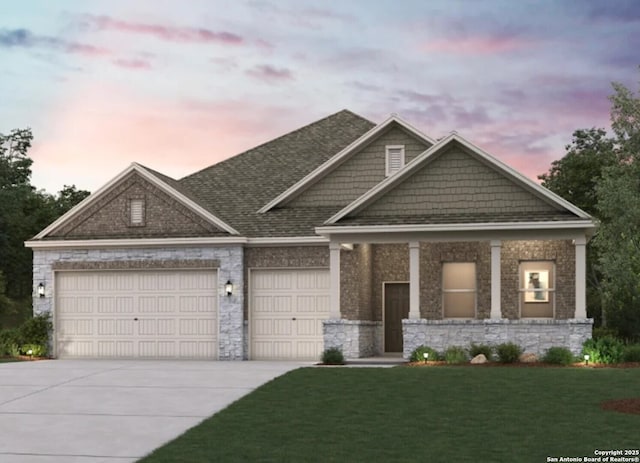 2308 Carson Cv, Schertz, TX 78108 - craftsman-style house featuring driveway, a lawn, an attached garage, and brick siding